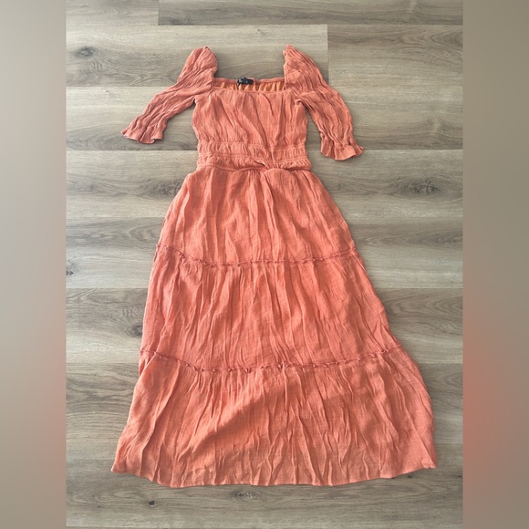 Trixxi Smocked Off-Shoulder Maxi Dress in Burnt Coral – Like New Size Medium